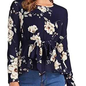 Romwe Long Sleeve Belted Peplum Blouse